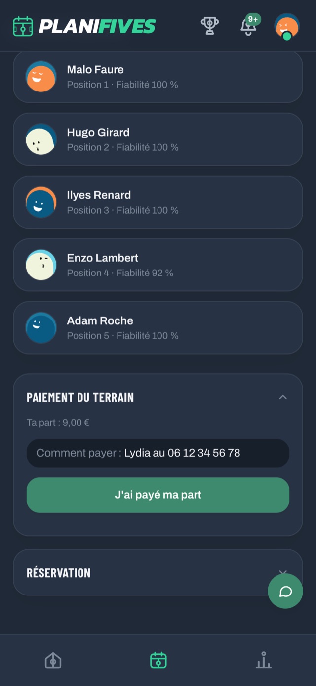 Paiement du terrain : la part du joueur, le moyen de paiement et le bouton « J’ai payé ma part »