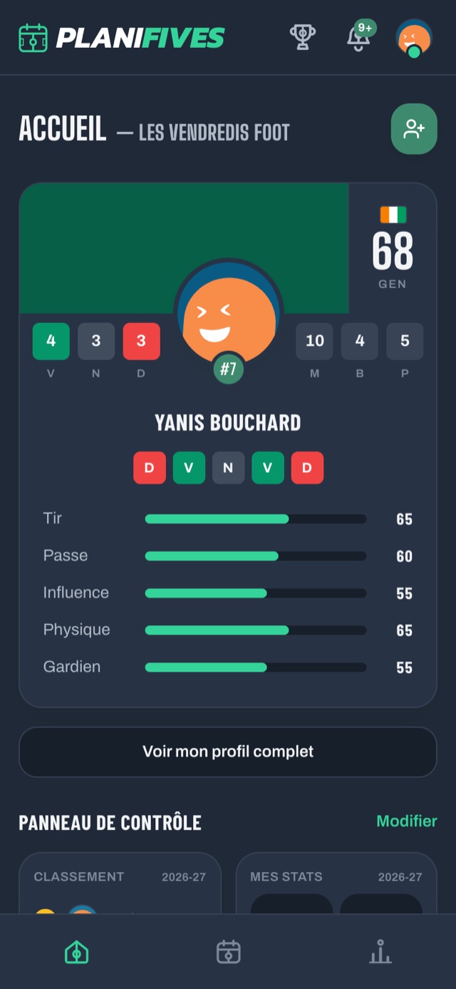 Carte de joueur avec sa note générale, son bilan et ses compétences