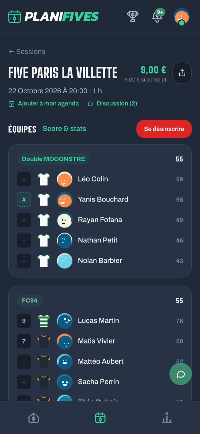 Page d’une session : les deux équipes et les joueurs inscrits
