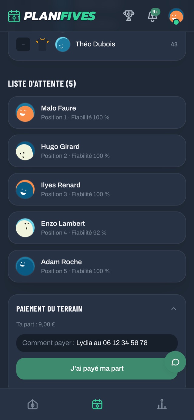 Liste d’attente d’une session, avec la position et la fiabilité de chaque joueur